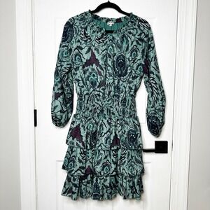 YAKIRA BELLA Womens Teal Floral Long Sleeve Smocked Tiered Mini Dress XS